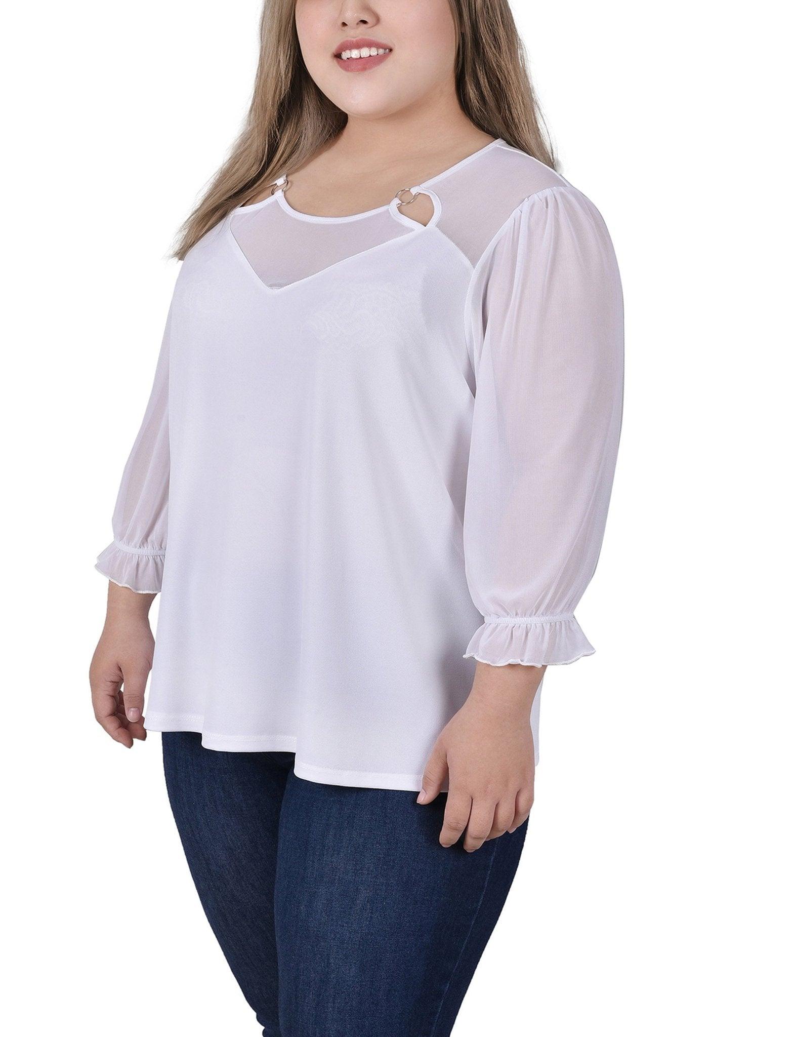 White 3/4 Sleeve Ringed Top With Mesh - Plus Product Image