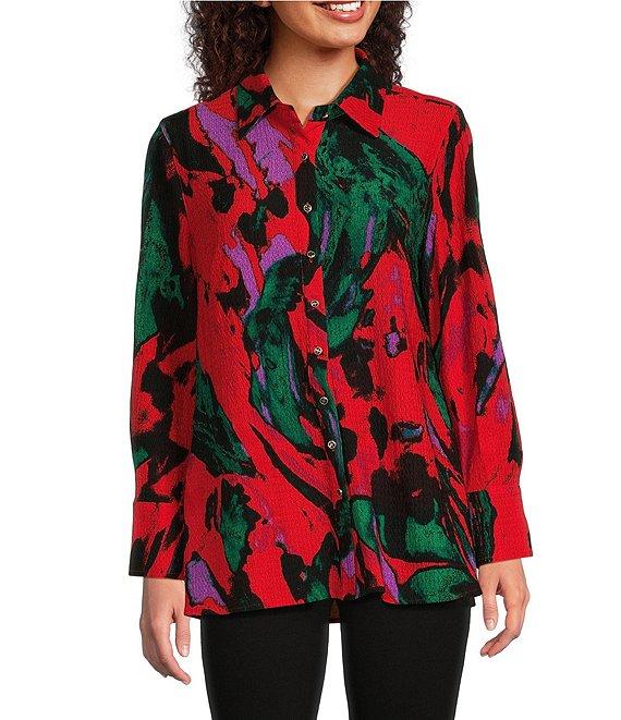 Calessa Printed Abstract Collared 3/4 Sleeve Button Down Top Product Image
