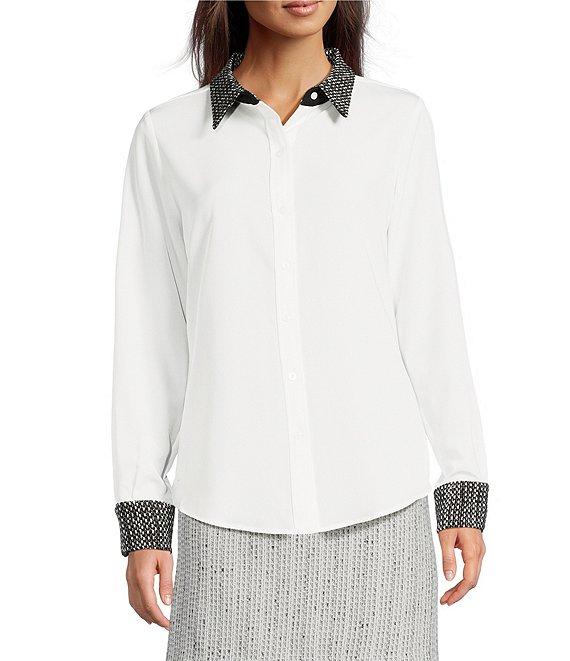 KARL LAGERFELD PARIS Tweed Mixed Media Contrast Point Collar Long Sleeve Button Front Shirt Product Image