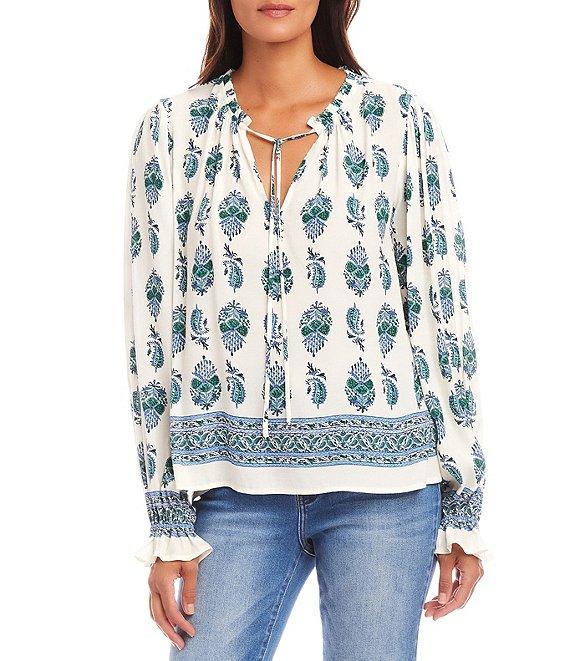 Karen Kane Border Print Split V-Neck Long Sleeve Peasant Top Product Image