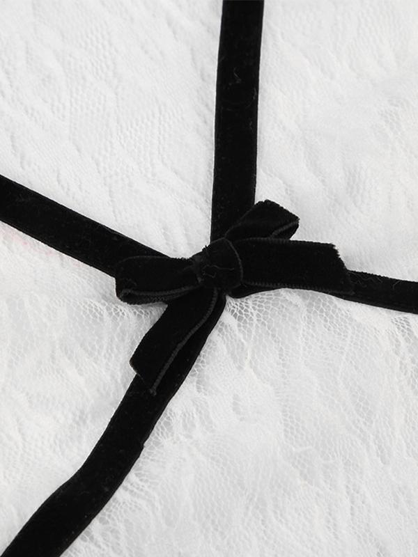 Lace Bow Splice V Neck Short Sleeve Tee Product Image