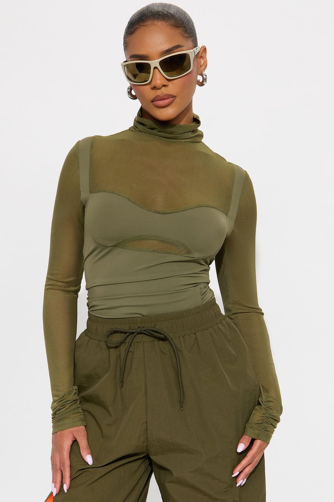 Nixie Ruched Mesh Bodysuit - Olive Female Product Image