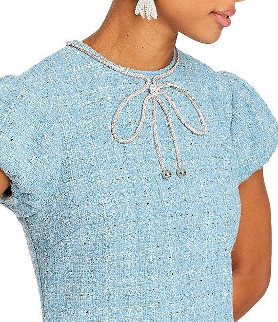 Mestiza New York Perla Tweed Crew Neck Corded Rhinestone Bow Cap Puff Sleeve Midi Dress Product Image