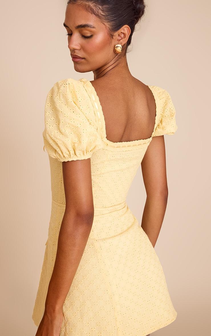 Yellow Broderie Puff Sleeve A-line Mini Dress Product Image