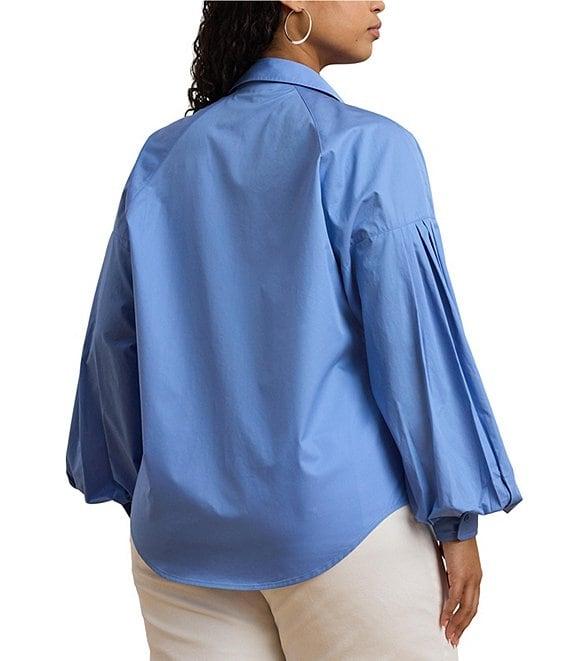 Lauren Ralph Lauren Plus Size Cotton Poplin Point Collar Long Blouson Sleeve Button-Front Shirt Product Image