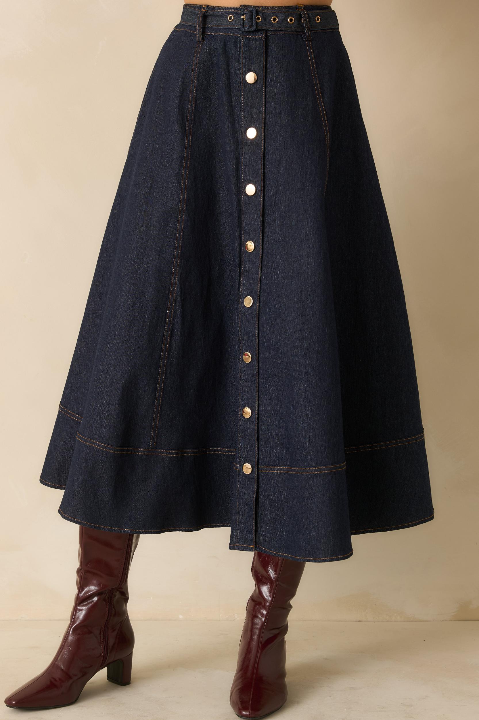 On The Books Dark Wash Cotton Denim Button Up Midi Skirt L / Dark Wash Product Image