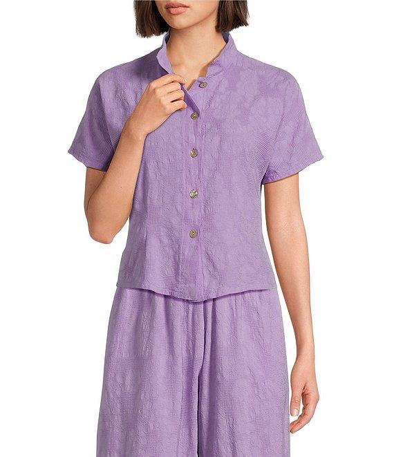 Bryn Walker Jacquard Cotton Floral Mandarin Collar Short Sleeve Coordinating Button Front Shirt Product Image