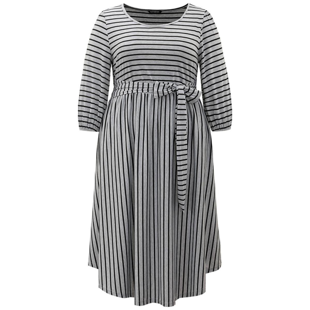 Plus Size Striped Ties Lantern Sleeve Curved Hem Dress Gray Women Casual Elastic cuffs Round Neck Elbow-length sleeve Curvy Midi Dress BloomChic 18-20/2X Product Image