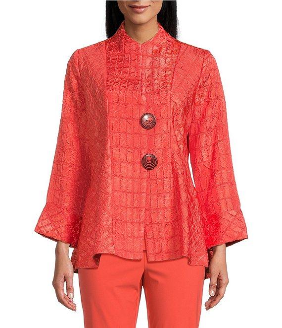 IC Collection Crinkle Jacquard Textured High Neck Bracelet Sleeve Button Front Jacket Product Image