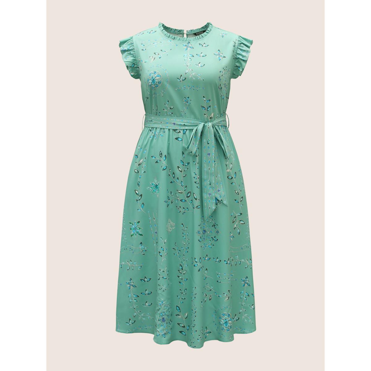 Plus Size Mock Neck Floral Ruffle Cap Sleeve Dress Palemauve Women Elegant Belted Mock Neck Cap Sleeve Curvy BloomChic 30/6X Product Image