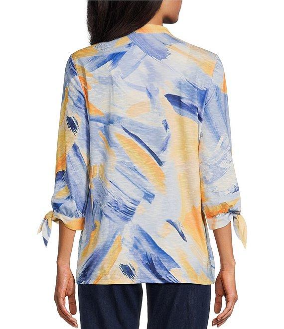 Allison Daley Petite Size 3/4 Tie Sleeve Y-Neck Button Front Knit Top Product Image