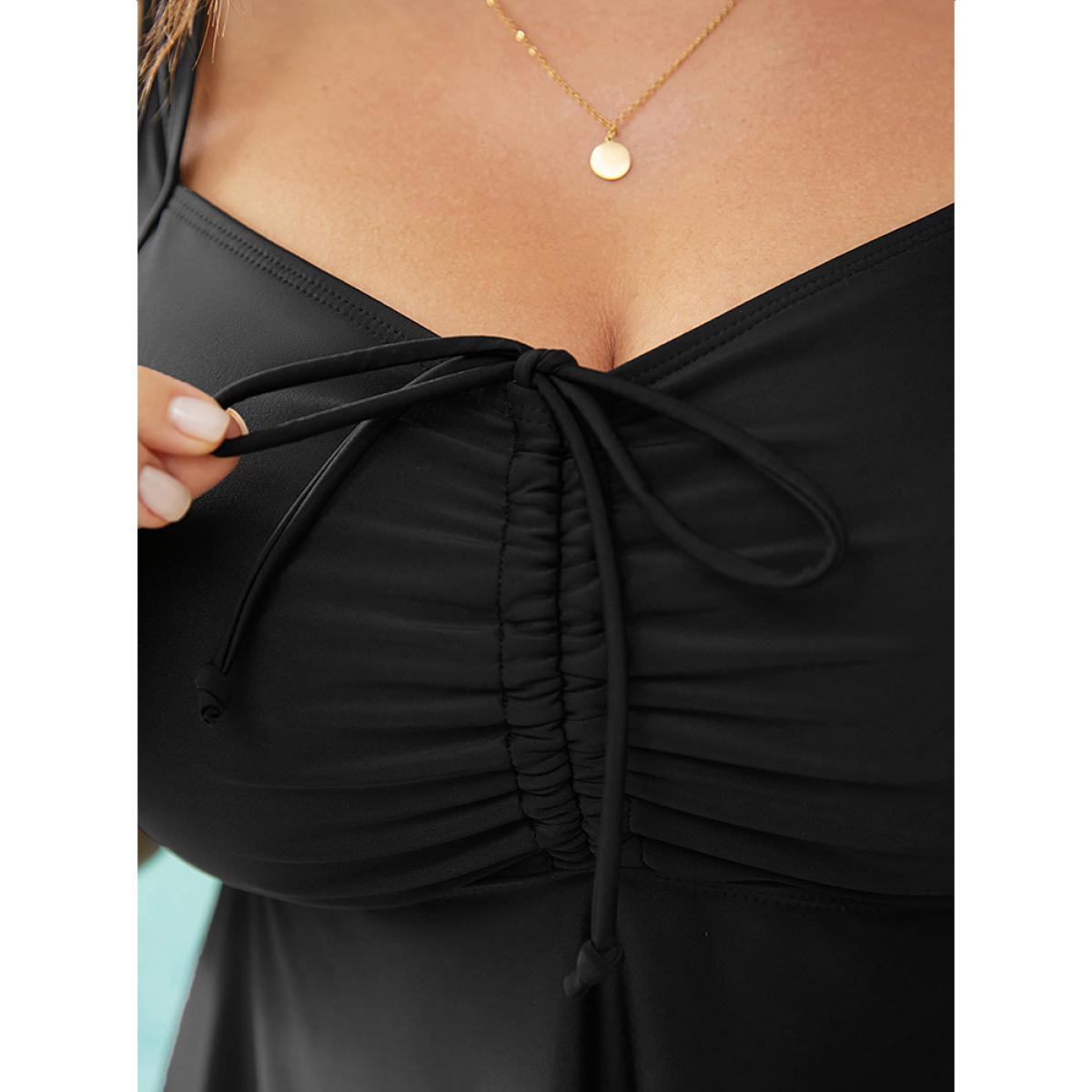 Plus Size Laser Cut Ruched Drawstring A Line Swim Dress Women's Swimwear Black Resort Bodycon Heart neckline High stretch Curve Swim Dresses BloomChic 18-20/2X Product Image