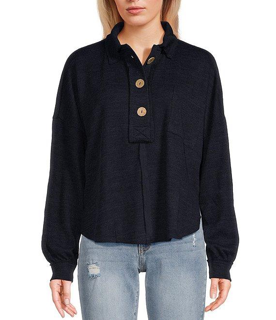 Blu Pepper Long Sleeve Collared Raw Edge Knit Top Product Image