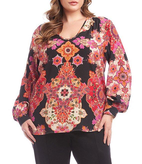 Karen Kane Plus Size Bold Medallion Floral V-Neck Long Sleeve Tunic Product Image
