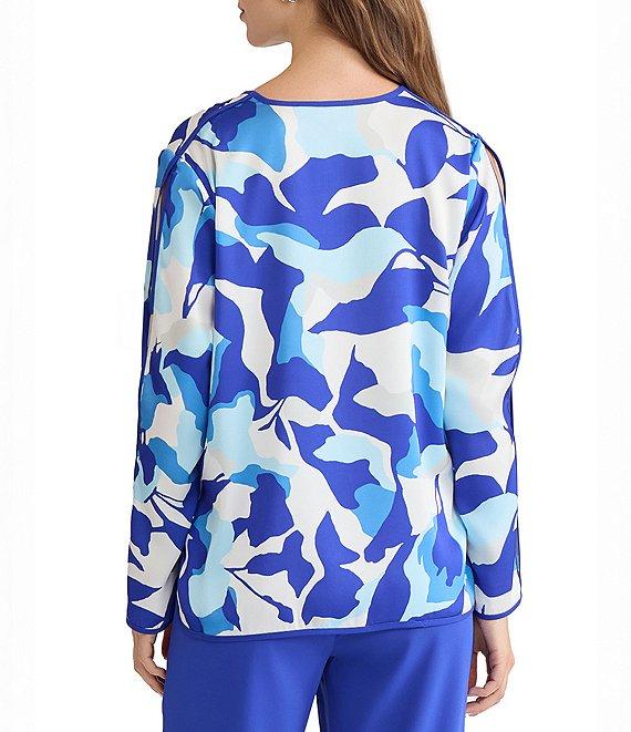 Ming Wang Crepe De Chine Split U-Neck Long Sleeve Blouse Product Image