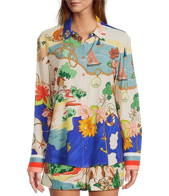 Antonio Melani Polina Linen Blend Ocean Print Button Front Collar Long Sleeve Coordinating Blouse Product Image