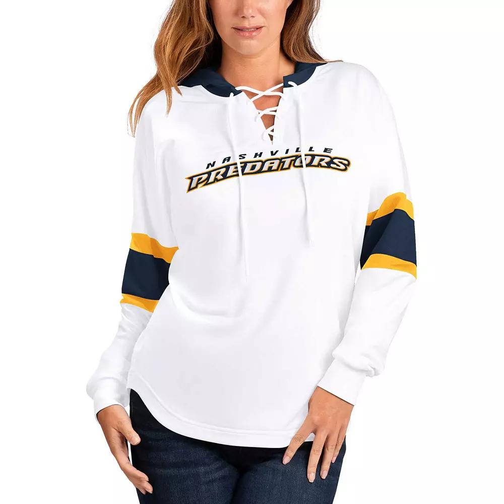 Women's G-III 4Her by Carl Banks White/Navy Nashville Predators Goal Zone Long Sleeve Lace-Up Hoodie T-Shirt,  Product Image