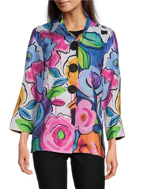 Ali Miles Petite Size Woven Floral Wire Collar 3/4 Sleeve Button Front Jacket Product Image