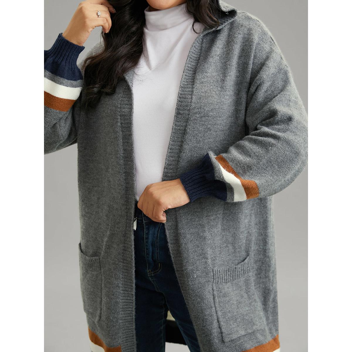 Plus Size Supersoft Essentials Striped Contrast Pocket Hooded Cardigan DimGray Women Casual Loose Long Sleeve Dailywear Cardigans BloomChic 22-24/3X Product Image