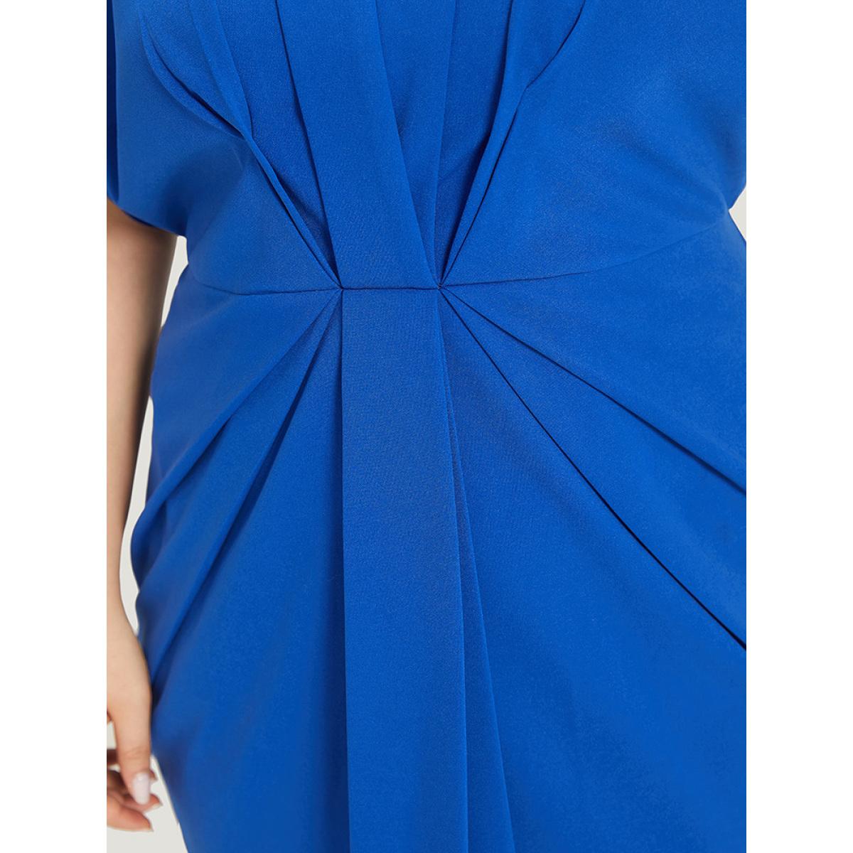 Plus Size Plain Shawl Neck Pleated Batwing Sleeve Dress Blue Women Glamour Plain V-neck Short sleeve Curvy Knee Dress BloomChic 12/L Product Image