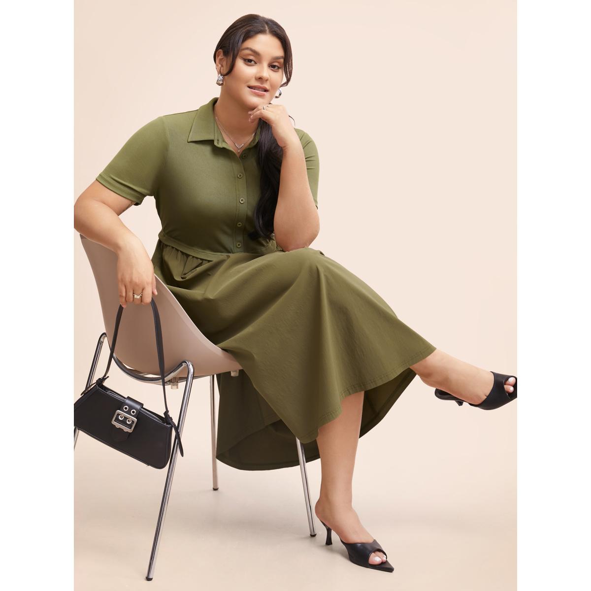 Plus Size Stretch Woven Waist-Cinching Midi Dress Olive Women Work From Home Patchwork Shirt collar Short sleeve Curvy BloomChic 18-20/2X Product Image