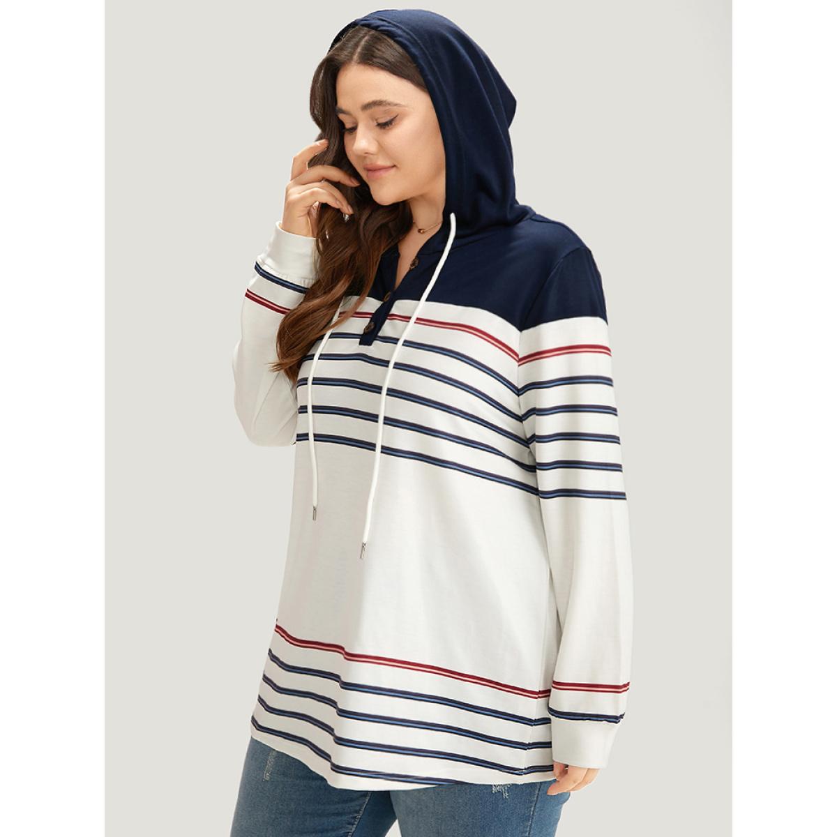 Plus Size Striped Contrast Patchwork Drawstring Button Up Hooded Sweatshirt Women Multicolor Casual Elastic cuffs Hooded Dailywear Sweatshirts BloomChic 10/M Product Image