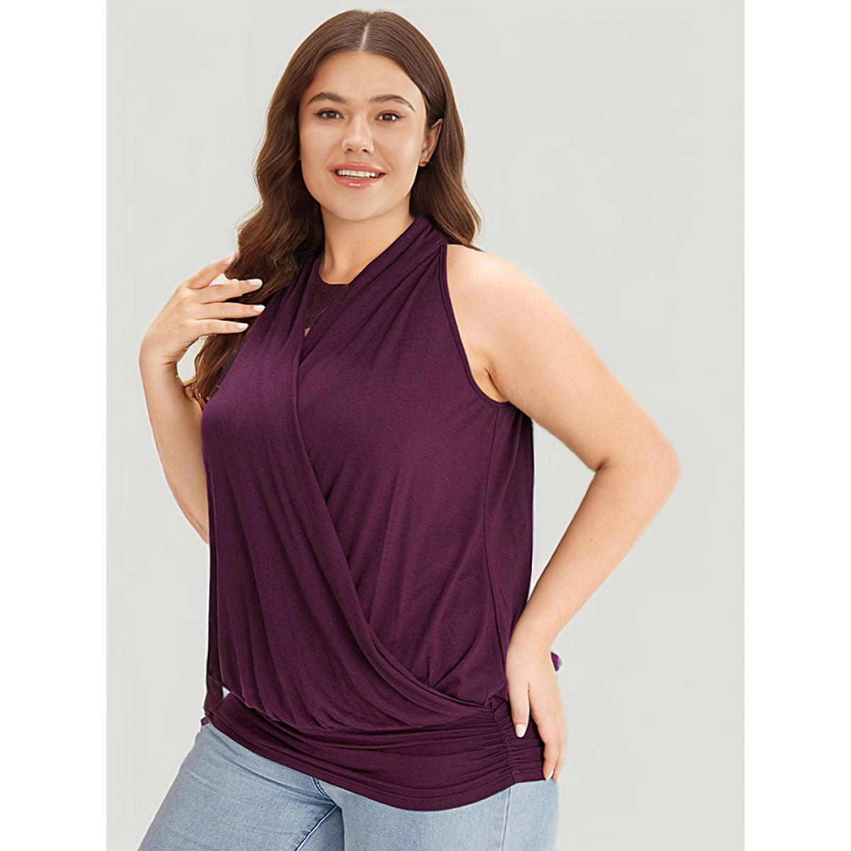 Plus Size Plain Halter Overlap Collar Cami Top Women Burgundy Elegant Wrap V-neck Dailywear Tank Tops Camis BloomChic 18-20/2X Product Image