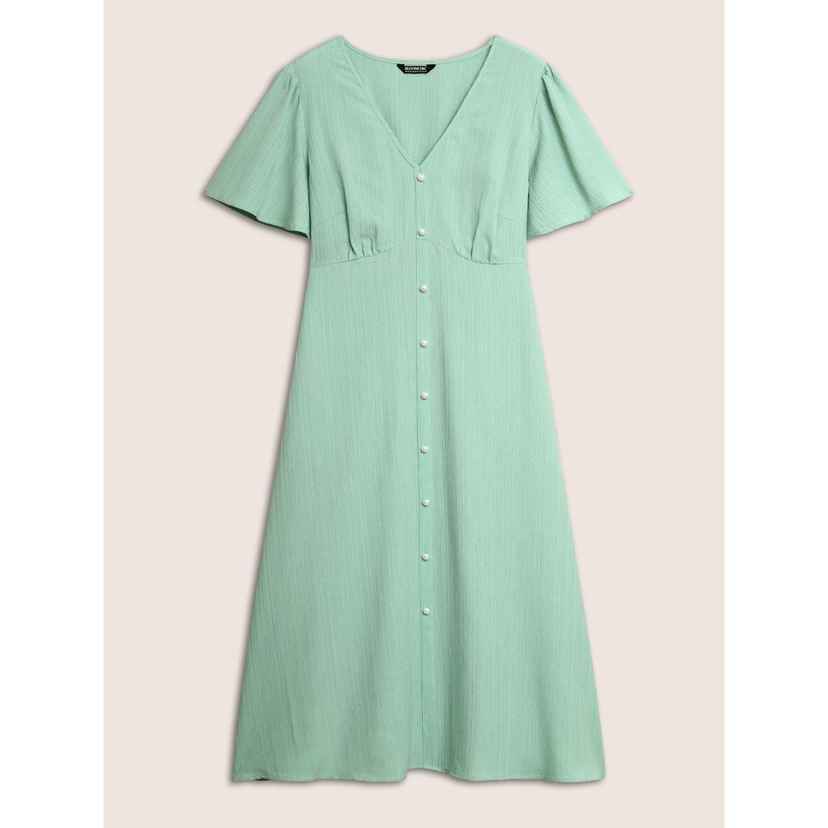 Plus Size V Neck Button Detail Flutter Sleeve Dress Mint Women Elegant Texture V-neck Short sleeve Curvy BloomChic 18-20/2X Product Image