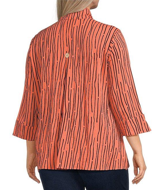 Ali Miles Plus Size Crinkle Woven Abstract Stripe Wire Collar 3/4 Sleeve Button-Front Tunic Product Image