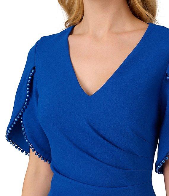 Adrianna Papell Knit Crepe Pearl Trim Short Tulip Sleeve V-Neck Front Slit Sheath Dress Product Image