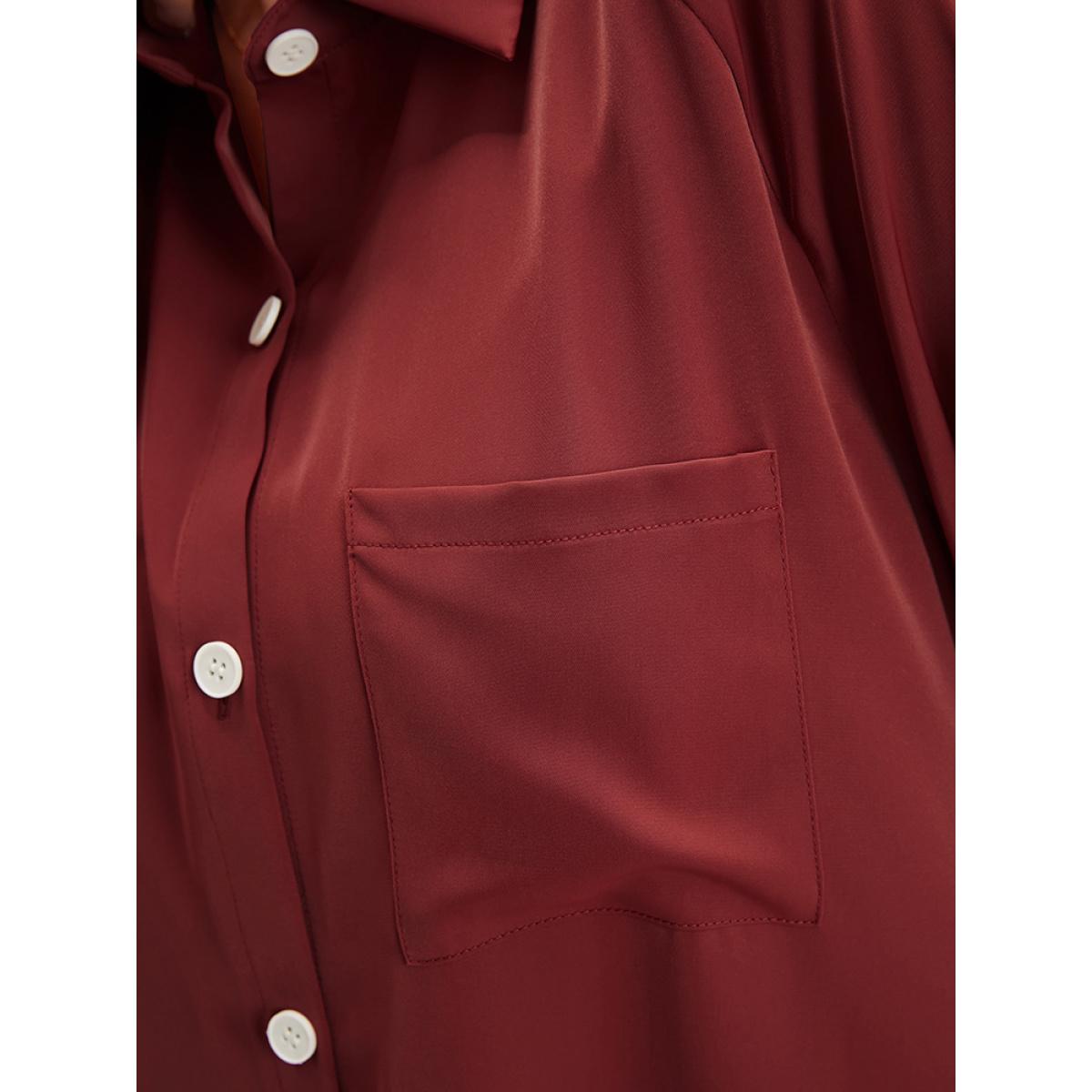 Plus Size Russet Solid Shirred Pocket Button Up High Low Hem Blouse Women Office Long Sleeve Shirt collar Work Blouses BloomChic 10/M Product Image