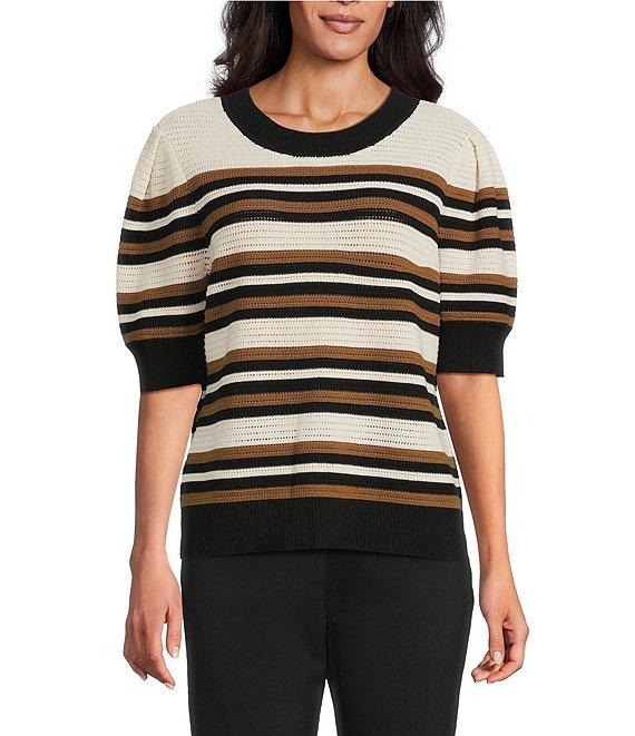 Investments Petite Size Buttercream Stripe Novelty Short Sleeve Crew Neck Sweater Top Product Image
