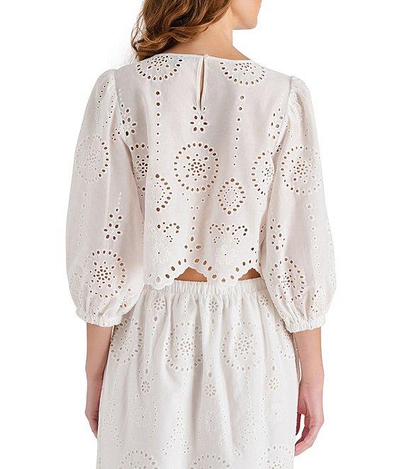 Steve Madden Meera Coordinating Crew Neck 3/4 Sleeve Eyelet Top Product Image