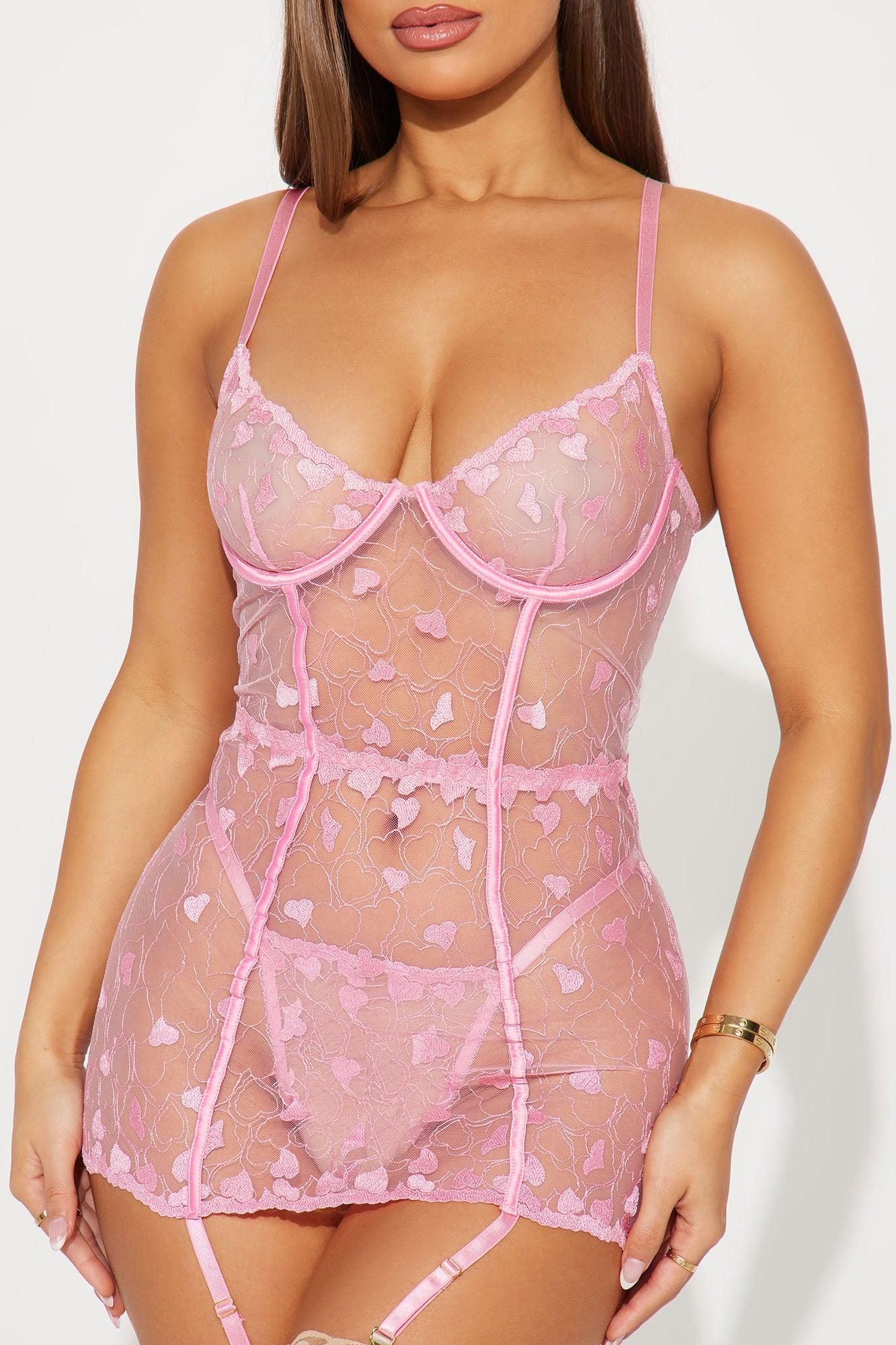 Heart Flutters Garter Chemise Set - Pink Product Image