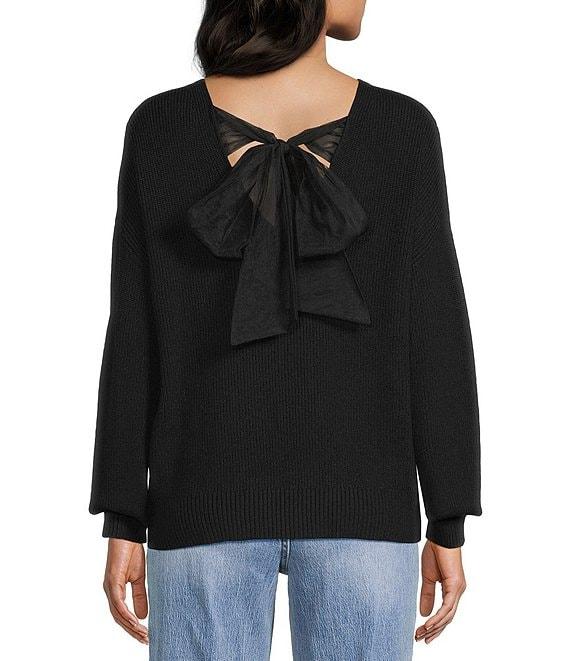 Blu Pepper V-Neck Drop Shoulder Tie Bow Back Sweater Product Image