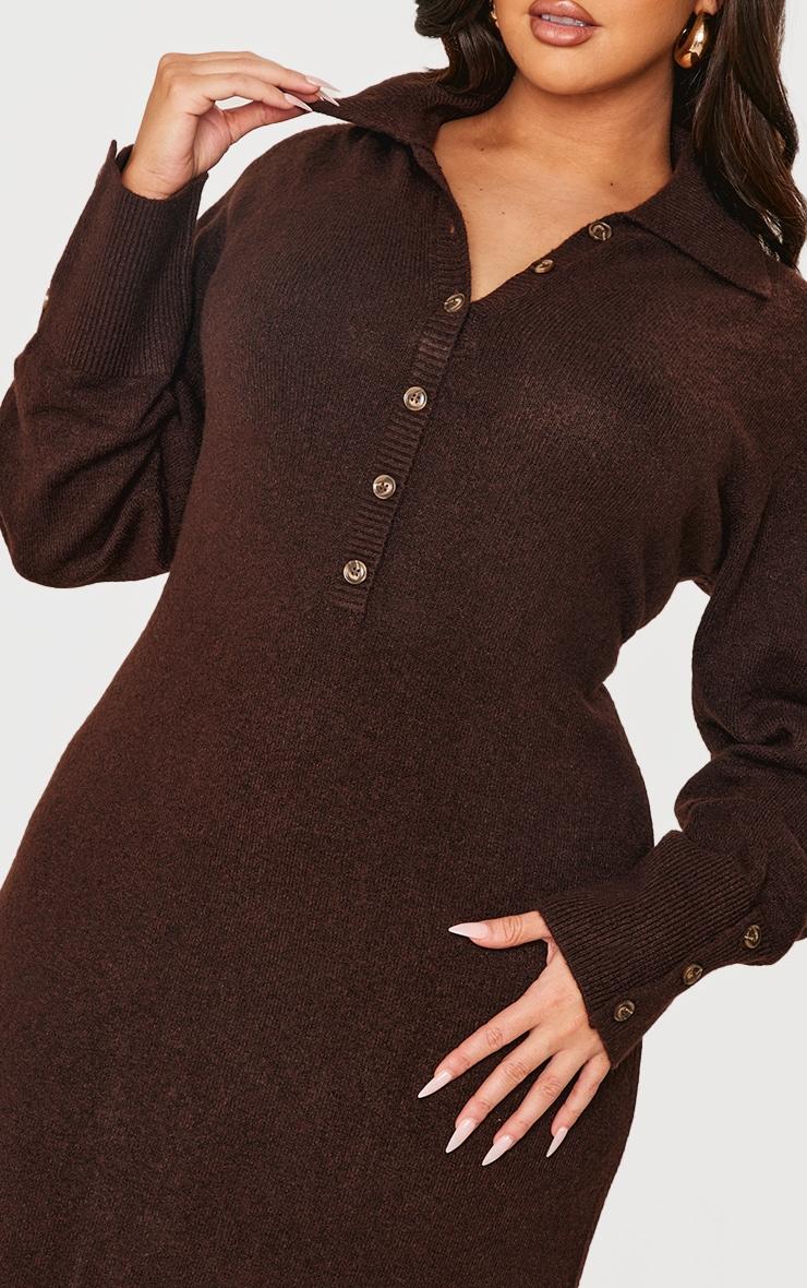 Plus Chocolate Soft Bobble Knit Button Up Collar Detail Maxi Dress Product Image