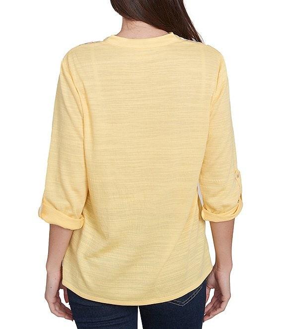 Ruby Rd. Knit Embroidery V-Neck 3/4 Roll-Tab Sleeve Top Product Image