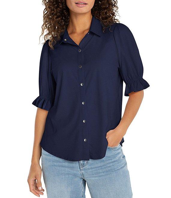 Liverpool Los Angeles Tech Knit Spread Collar Elbow-Length Puff Sleeve Button-Front Shirt Product Image