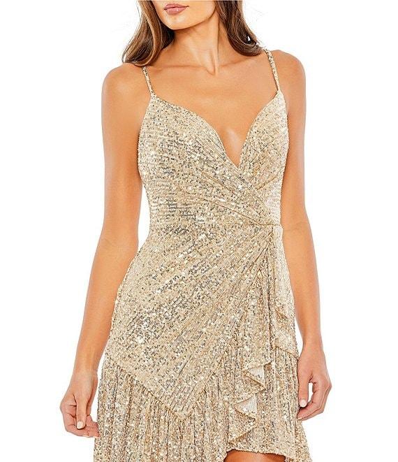 Mac Duggal Sequined Faux Wrap Ruffled Hem Mini Dress Product Image