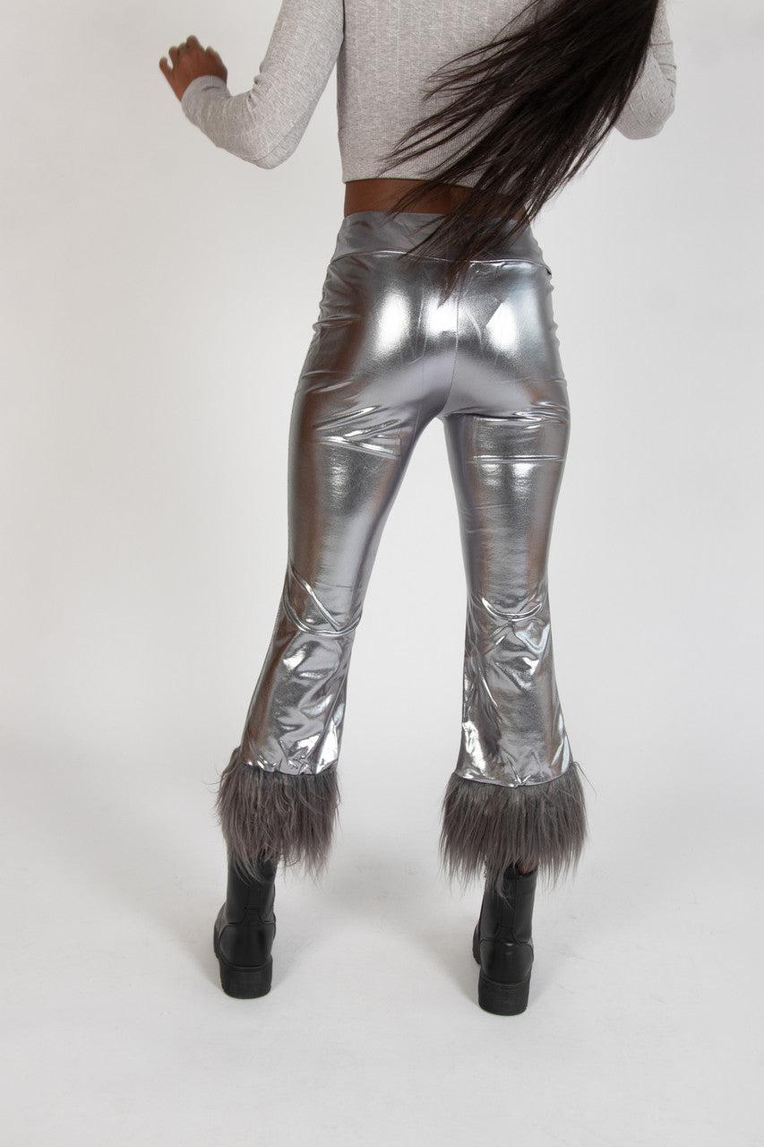 Metallic Fur Trim Flare Pants Product Image