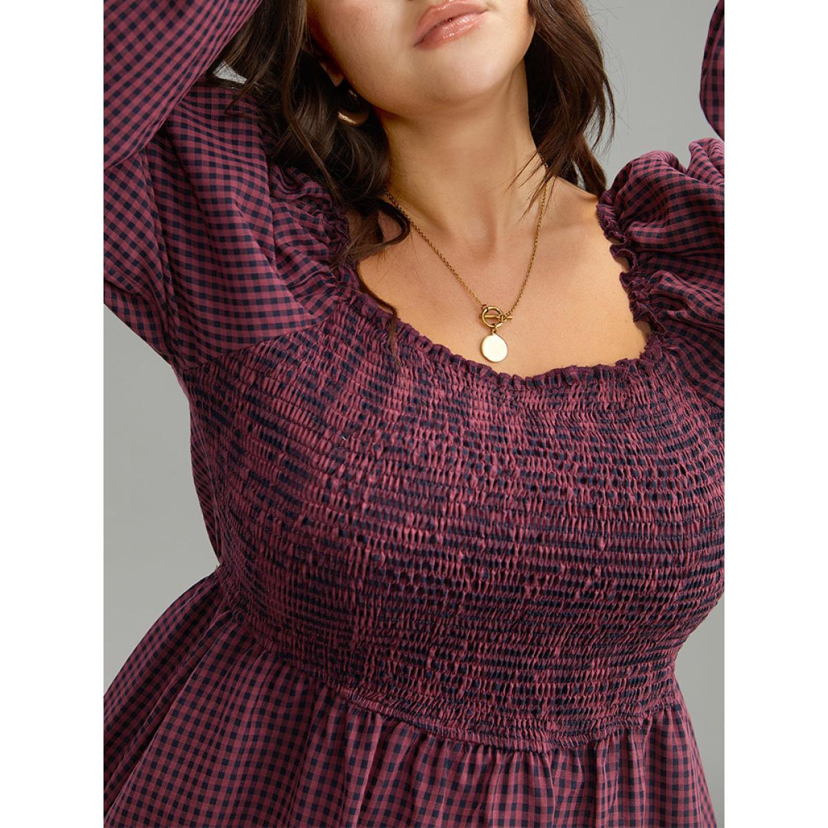 Plus Size Gingham Square Neck Frill Trim Shirred Dress RedViolet Women Casual Elastic cuffs Square Neck Long Sleeve Curvy Midi Dress BloomChic 22-24/3X Product Image