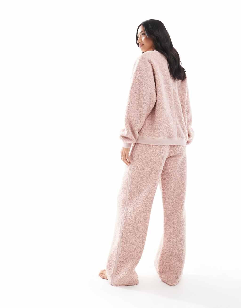 ASOS DESIGN Petite lounge teddy sweatshirt & wide leg pants set in pink Product Image