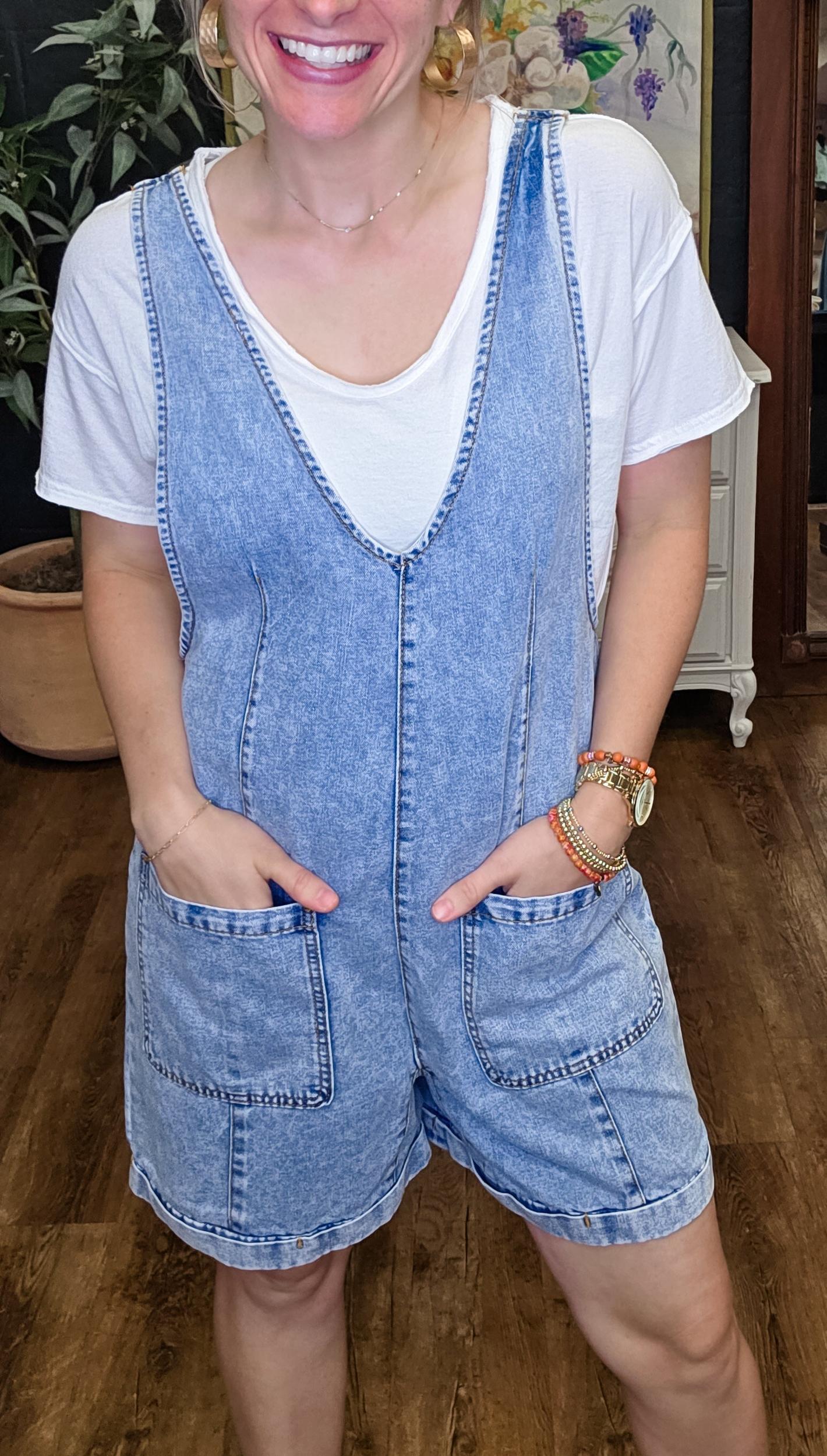 Victoria Ann Vintage Washed Denim Short Overalls (Small to Large) Product Image