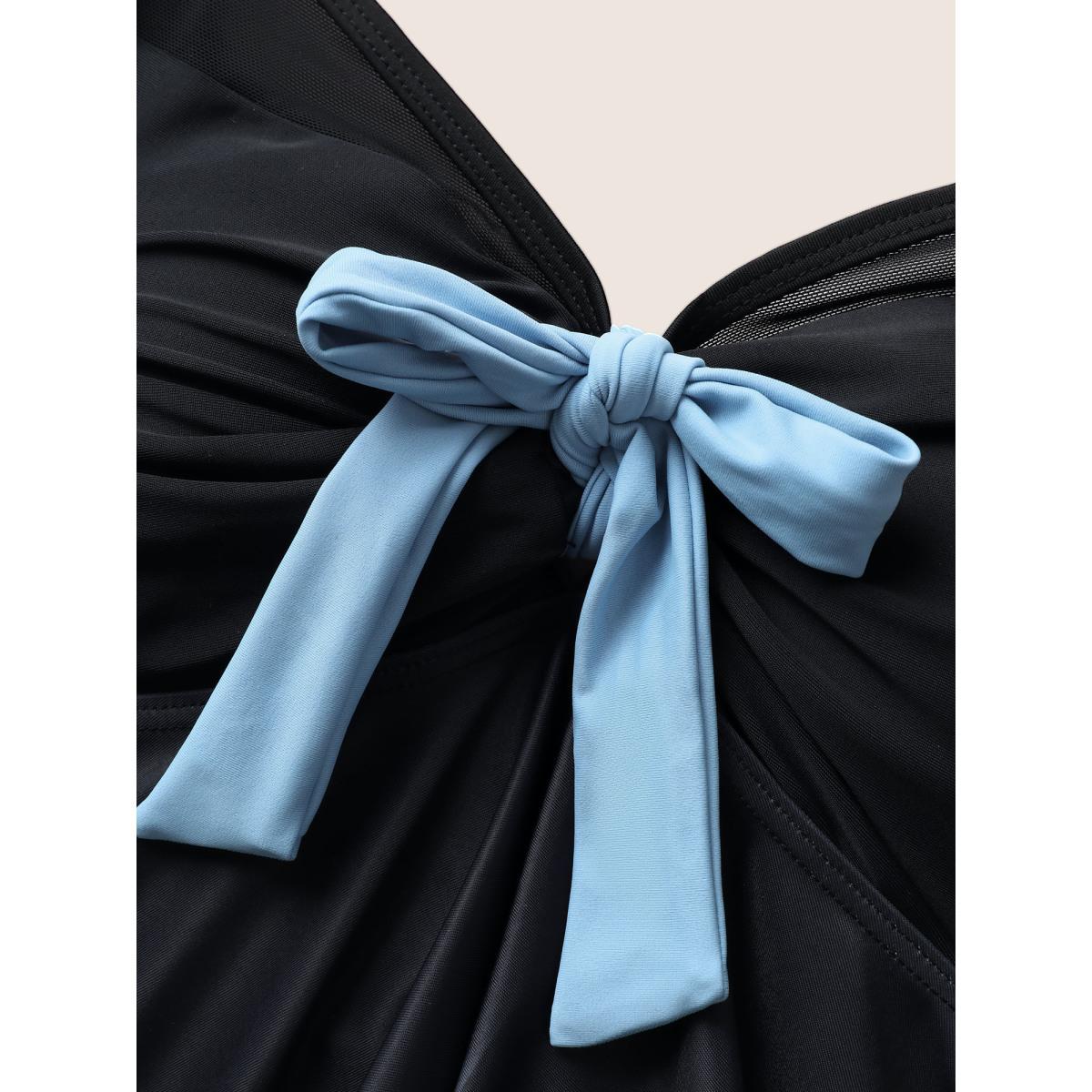Plus Size Ombre Bowknot Ruched Mesh Patchwork Swim Top Women's Swimwear Black Beach Tie knot High stretch Bodycon Heart neckline Curve Swim Tops BloomChic 12/L Product Image