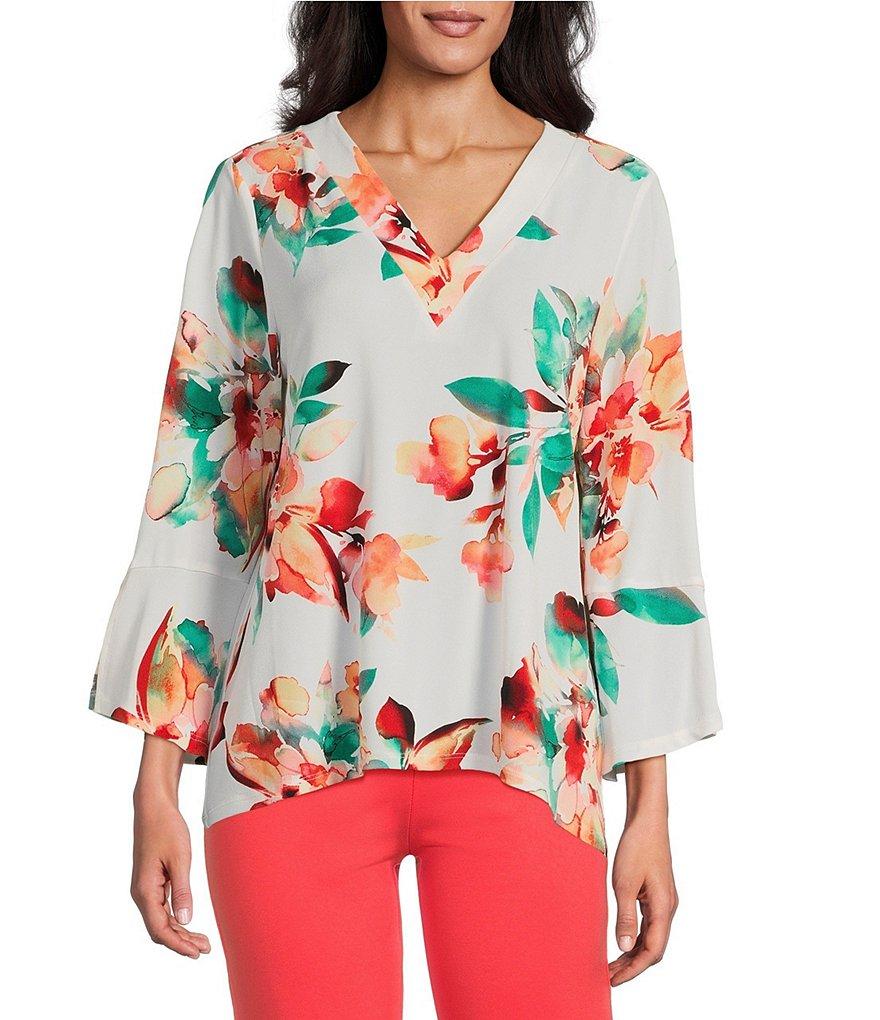 Slim Factor by Investments Scattered Blooms V-Neckline 3/4 Slit Sleeve Top Product Image