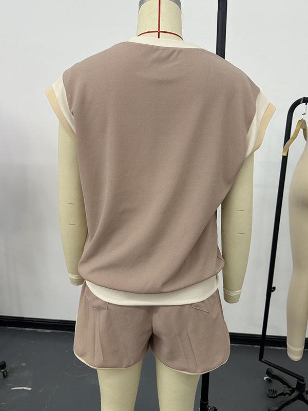 Contrast Color Short Sleeves Round-Neck T-Shirt + Elasticity Shorts Two Pieces Set Product Image
