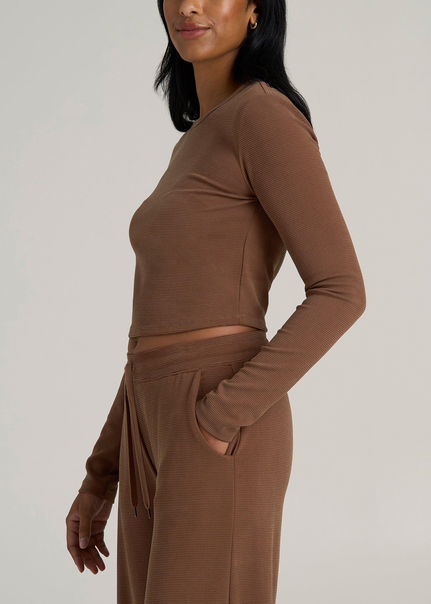 Cropped Long Sleeve Waffle Shirt for Tall Women in Otter Brown Product Image