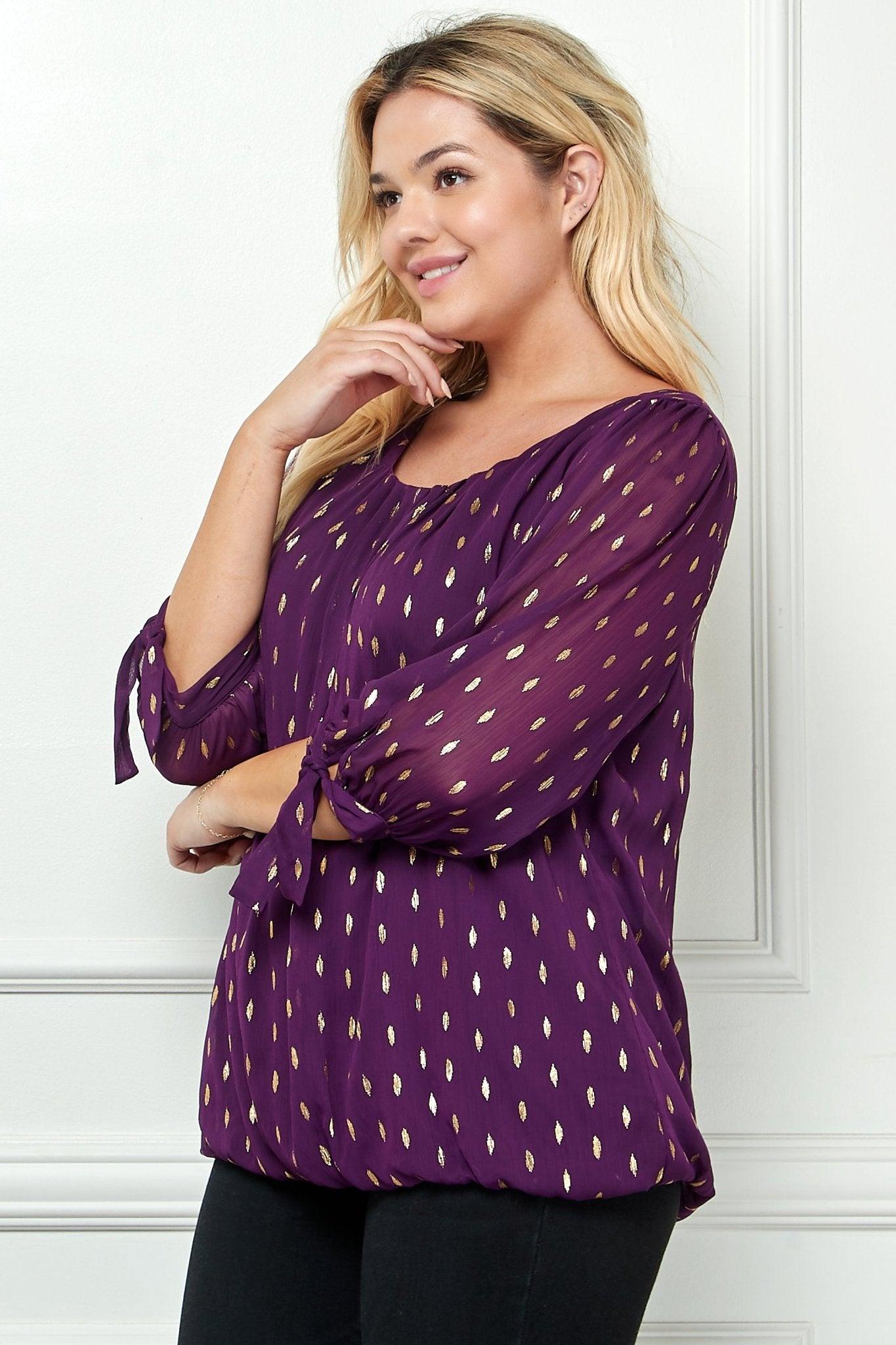 Plum 3/4 Tie Sleeve Bubble Blouse - Plus Product Image