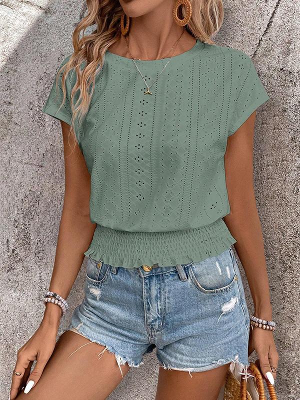 Loose Raglan Sleeve Elasticity Hollow Jacquard Solid Color Round-Neck T-Shirts Tops Product Image