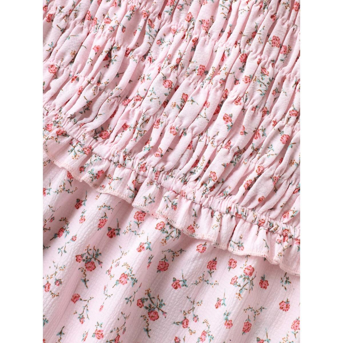 Plus Size Lightpink Shirred Laser Cut Hem Floral Blouse Women Cap Sleeve V-neck Everyday-Elegant Blouses BloomChic 12/L Product Image